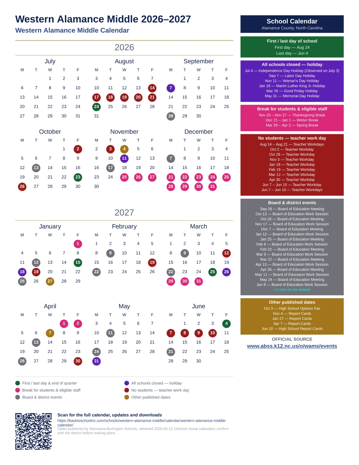 Western Alamance Middle 2026–2027 printable calendar