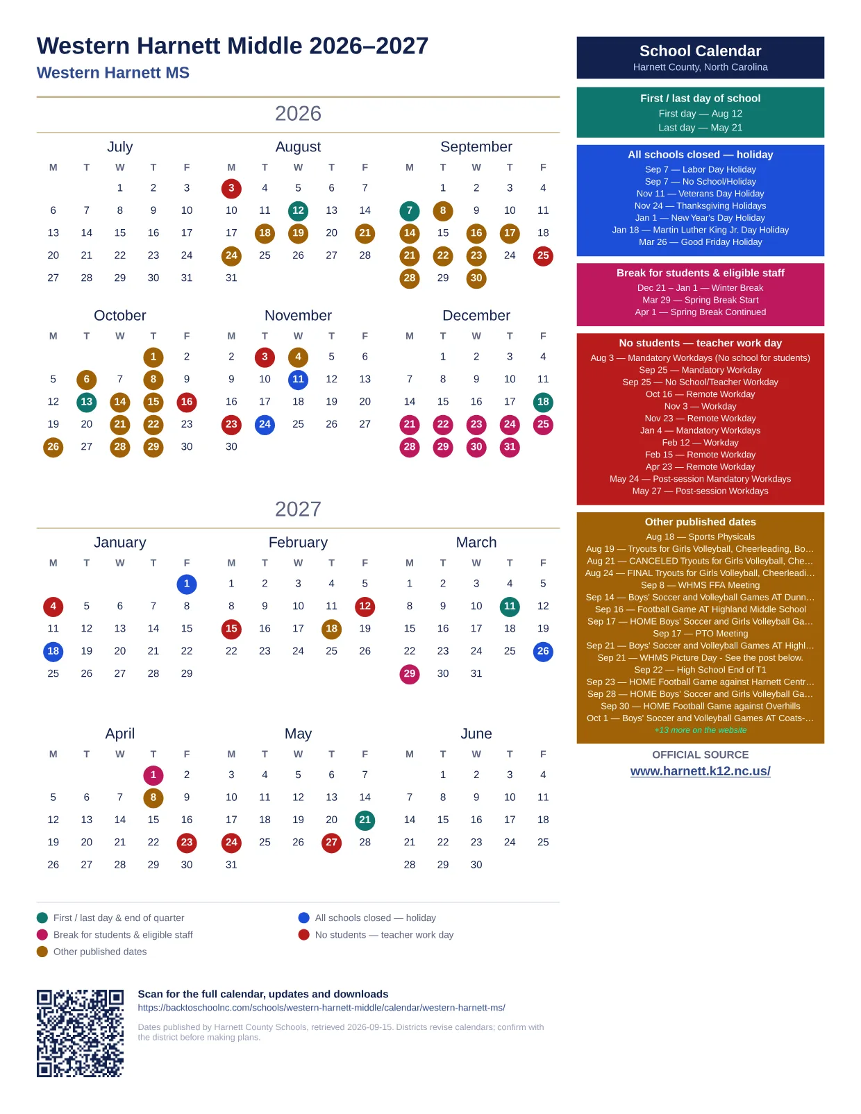 Western Harnett Middle 2026–2027 printable calendar