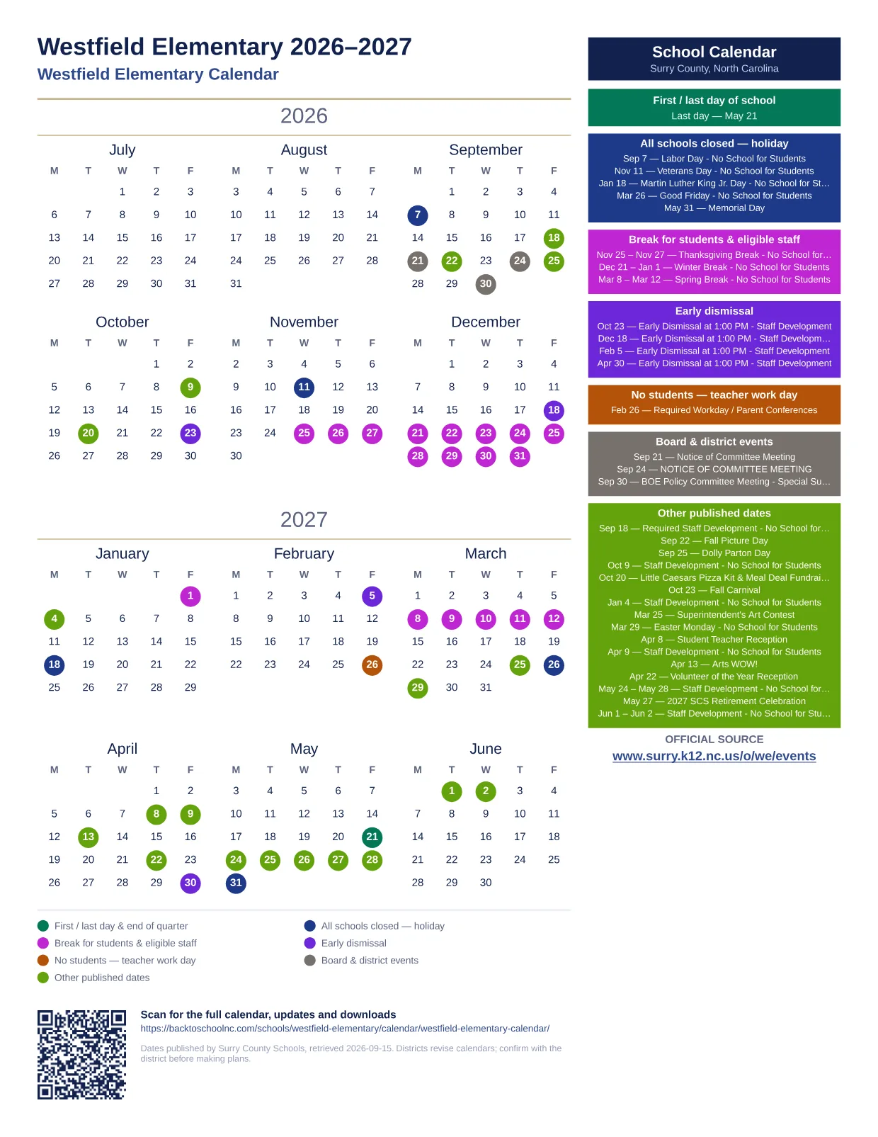 Westfield Elementary printable calendar