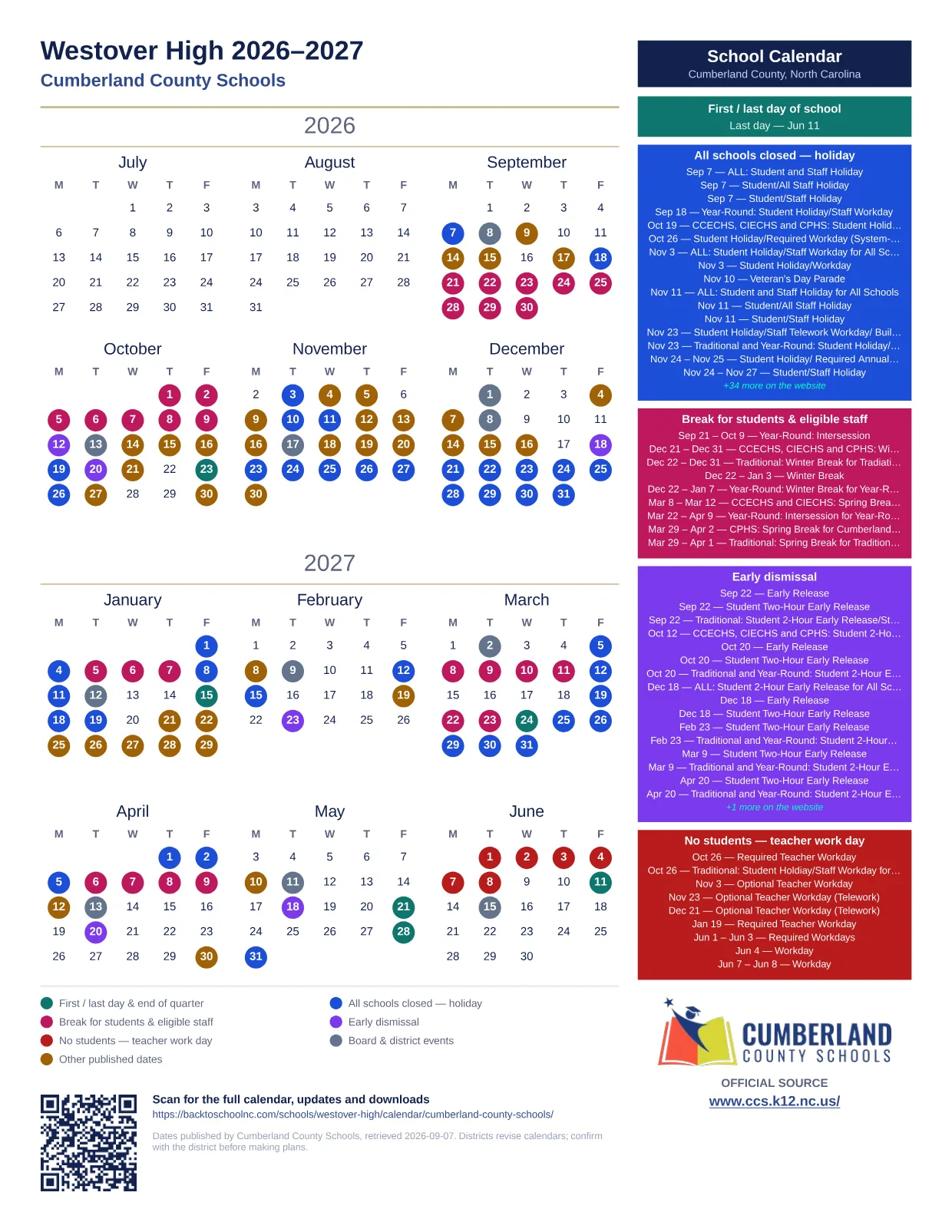 Westover High  printable calendar