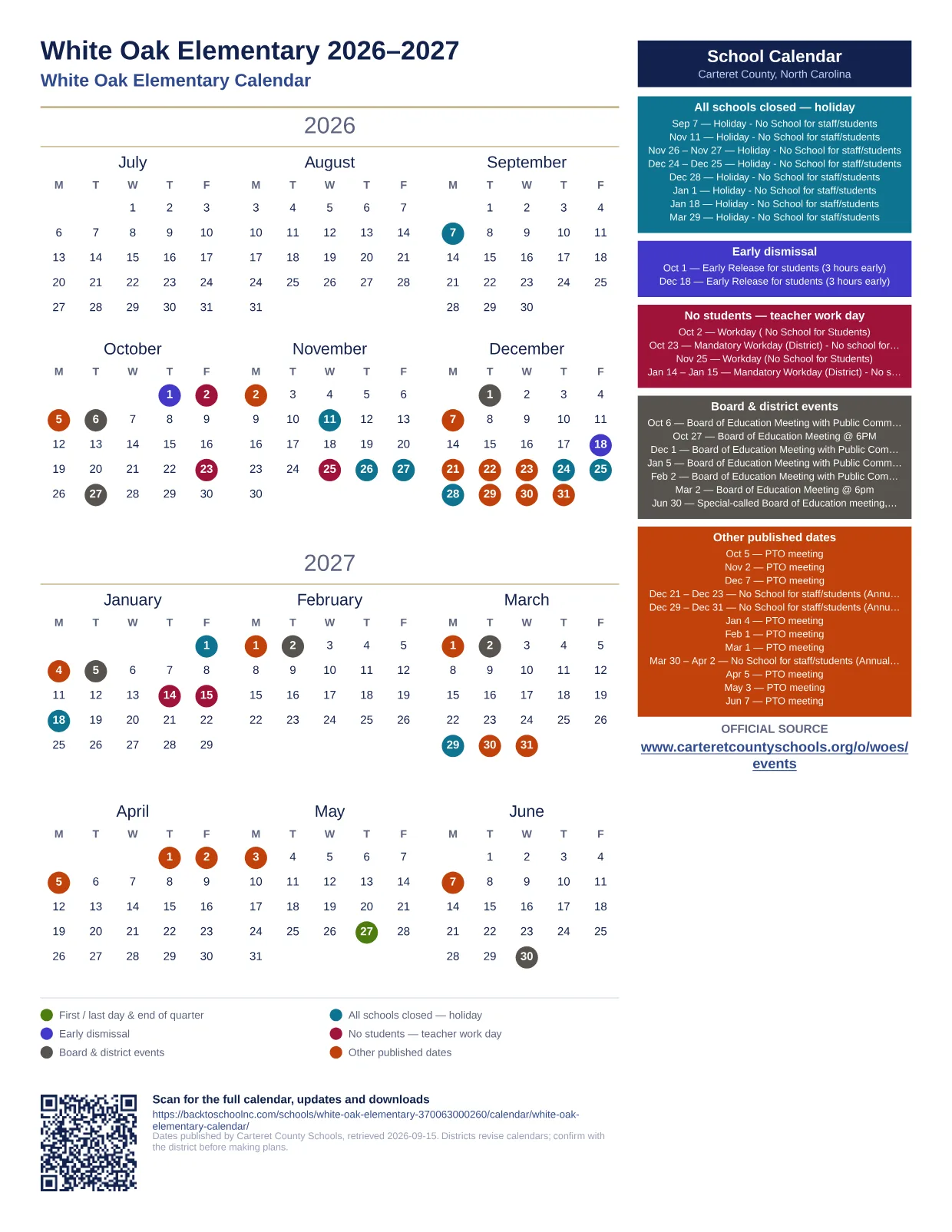 White Oak Elementary  printable calendar