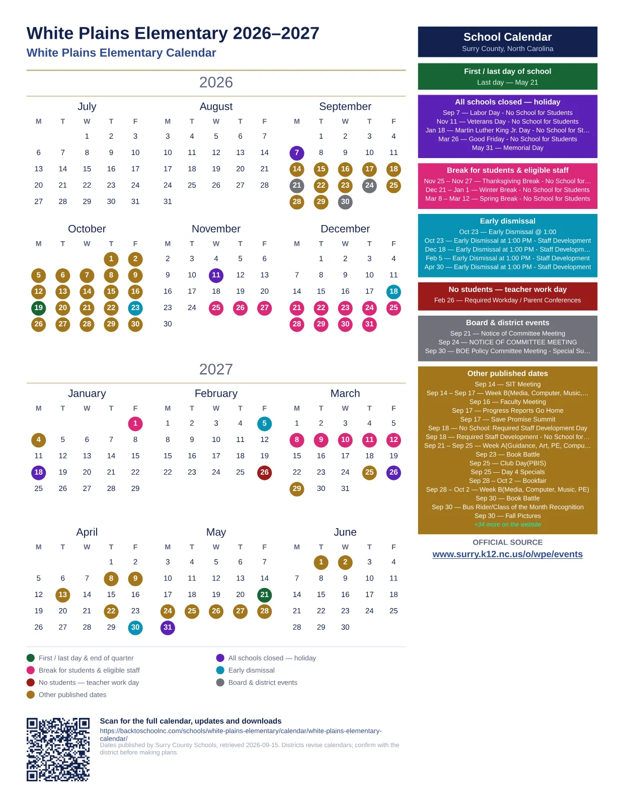 White Plains Elementary  printable calendar
