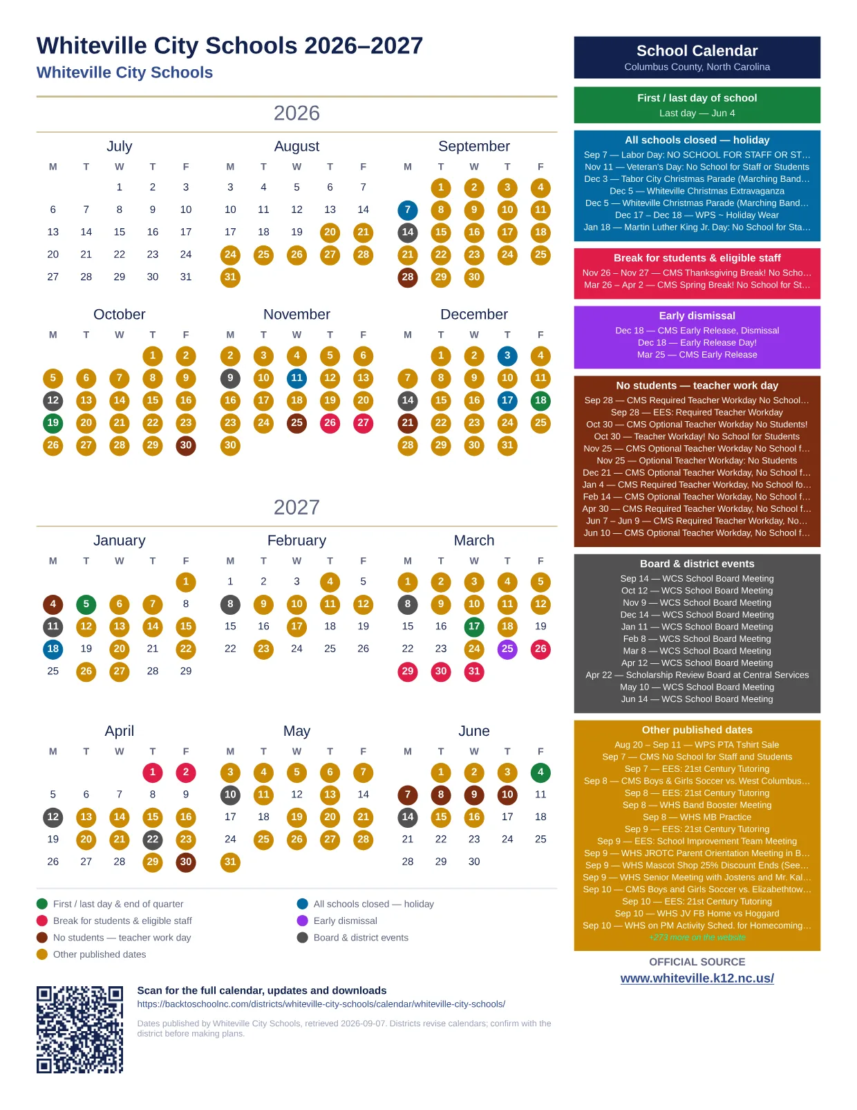 Whiteville City Schools Whiteville City Schools  printable calendar