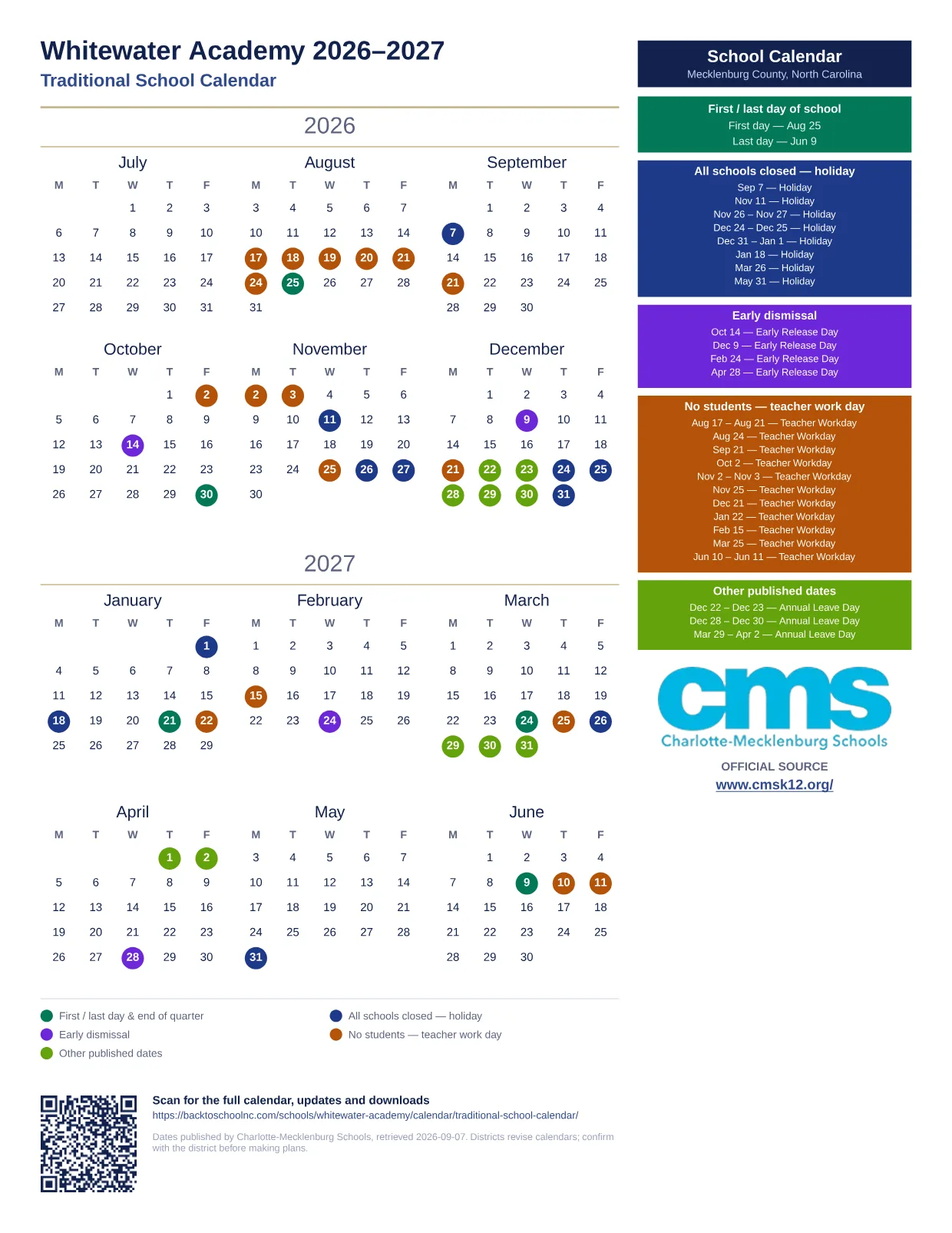 Whitewater Academy 2026–2027 printable calendar