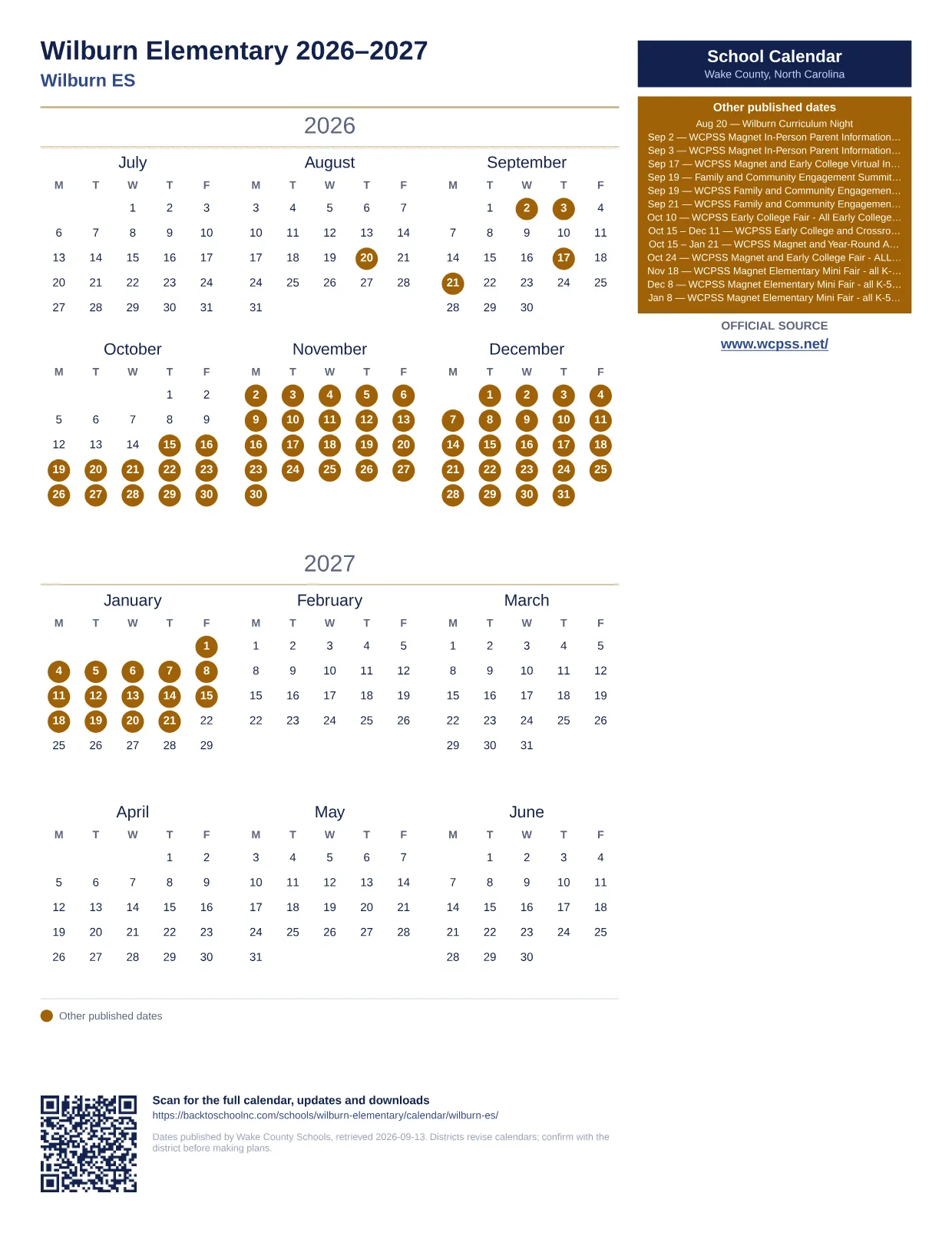 Wilburn Elementary printable calendar