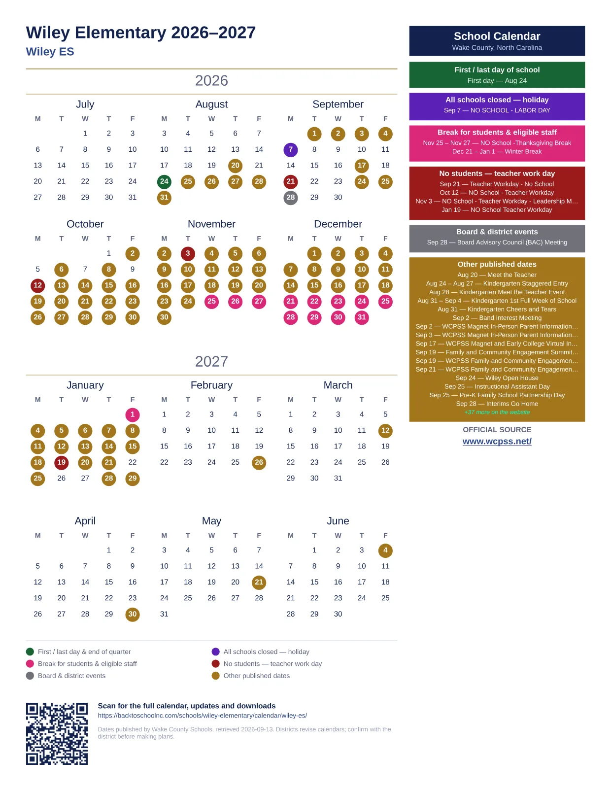 Wiley Elementary 2026–2027 printable calendar