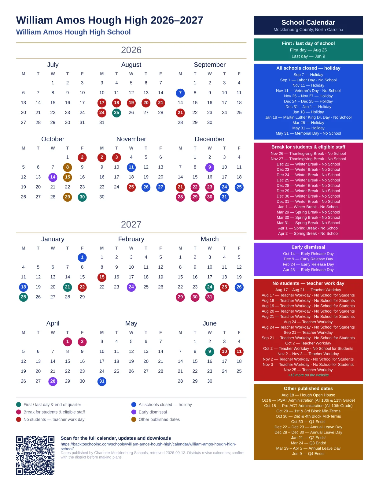 William Amos Hough High 2026–2027 printable calendar