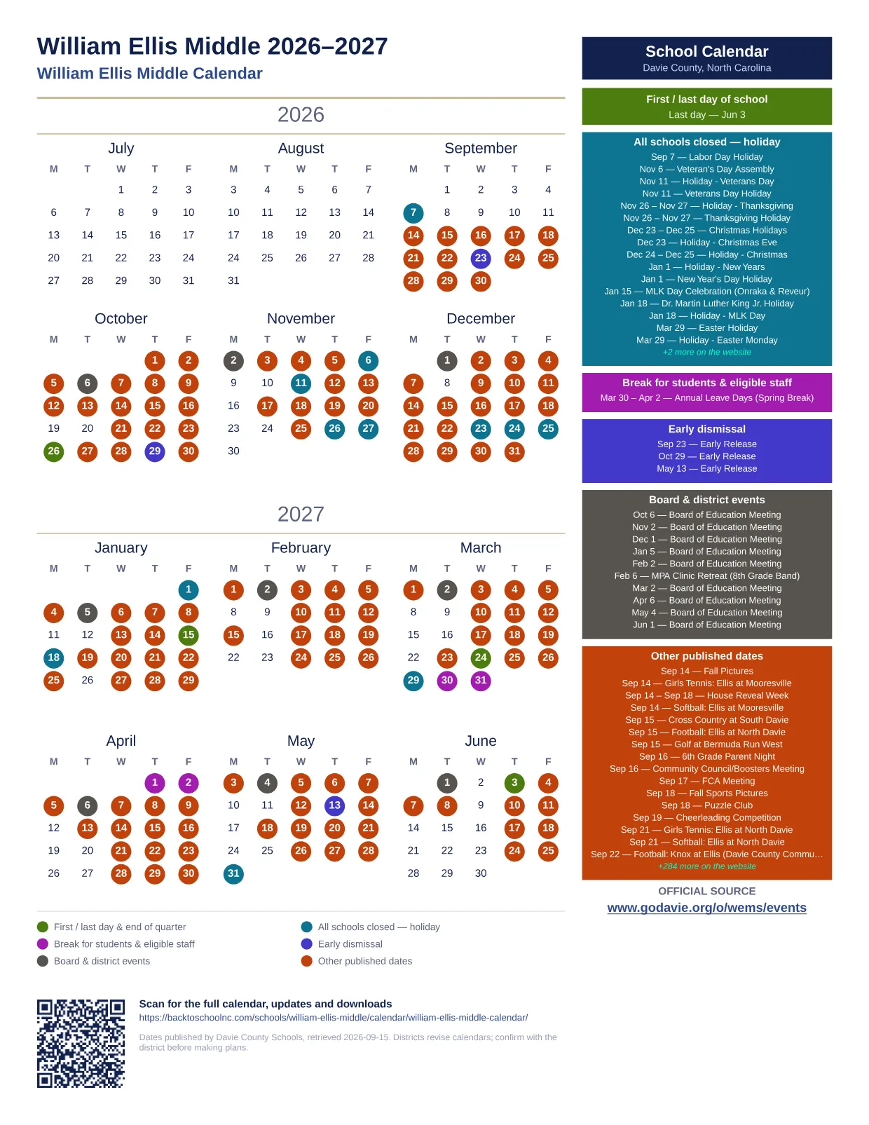 William Ellis Middle  printable calendar