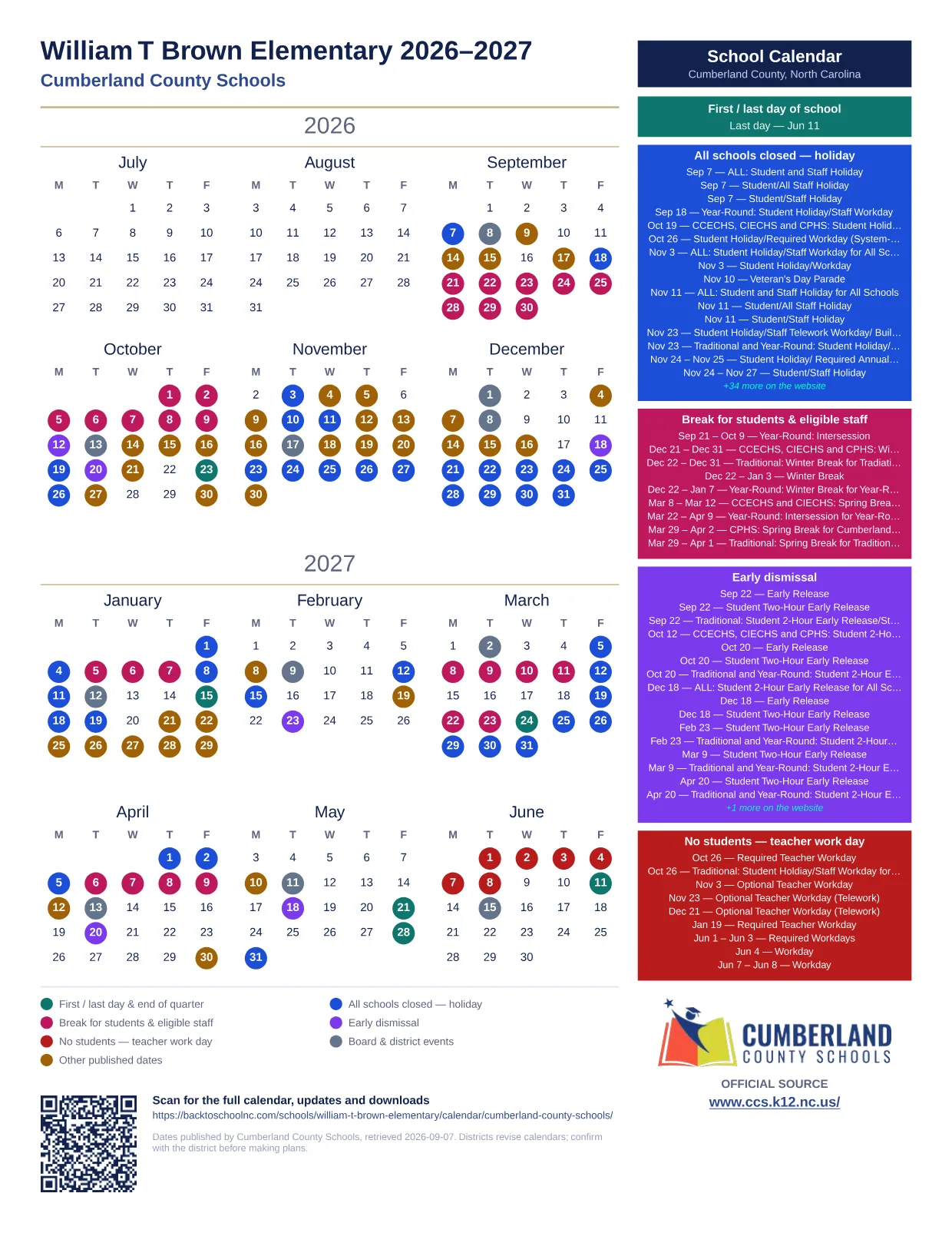 William T Brown Elementary printable calendar