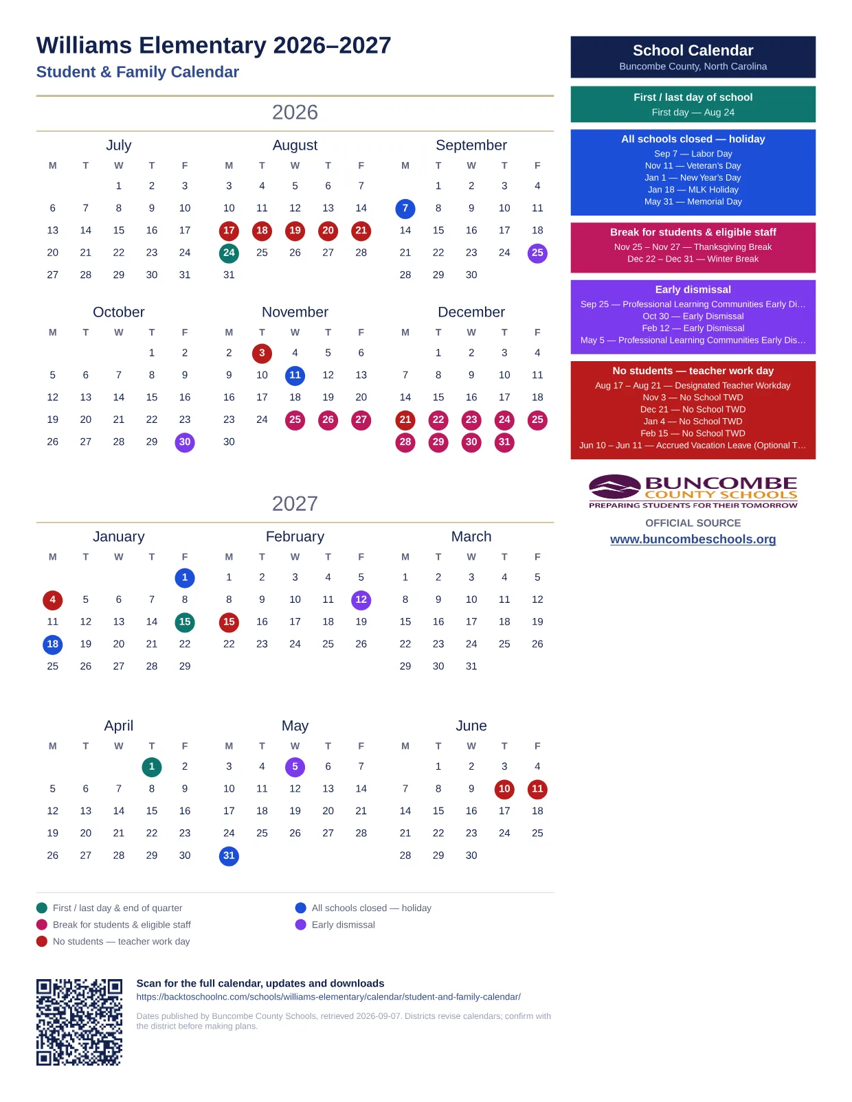 Williams Elementary  printable calendar