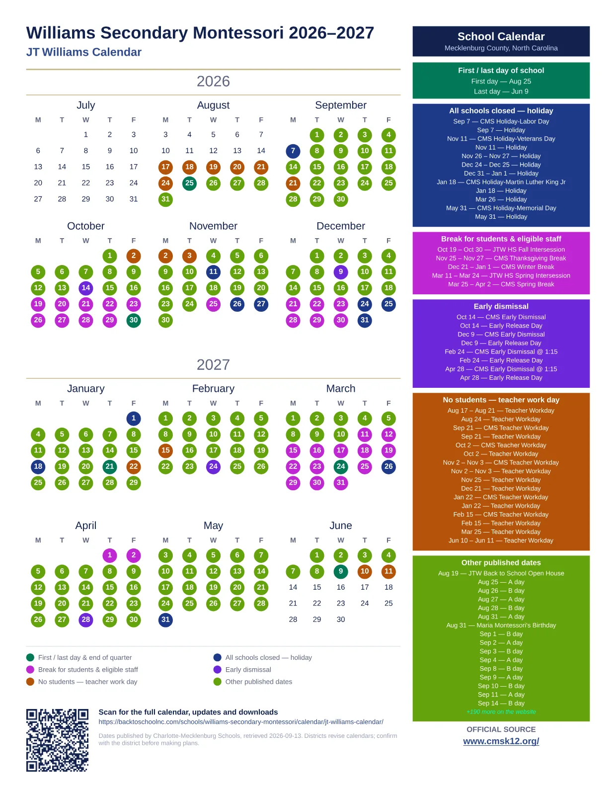 Williams Secondary Montessori 2026–2027 printable calendar