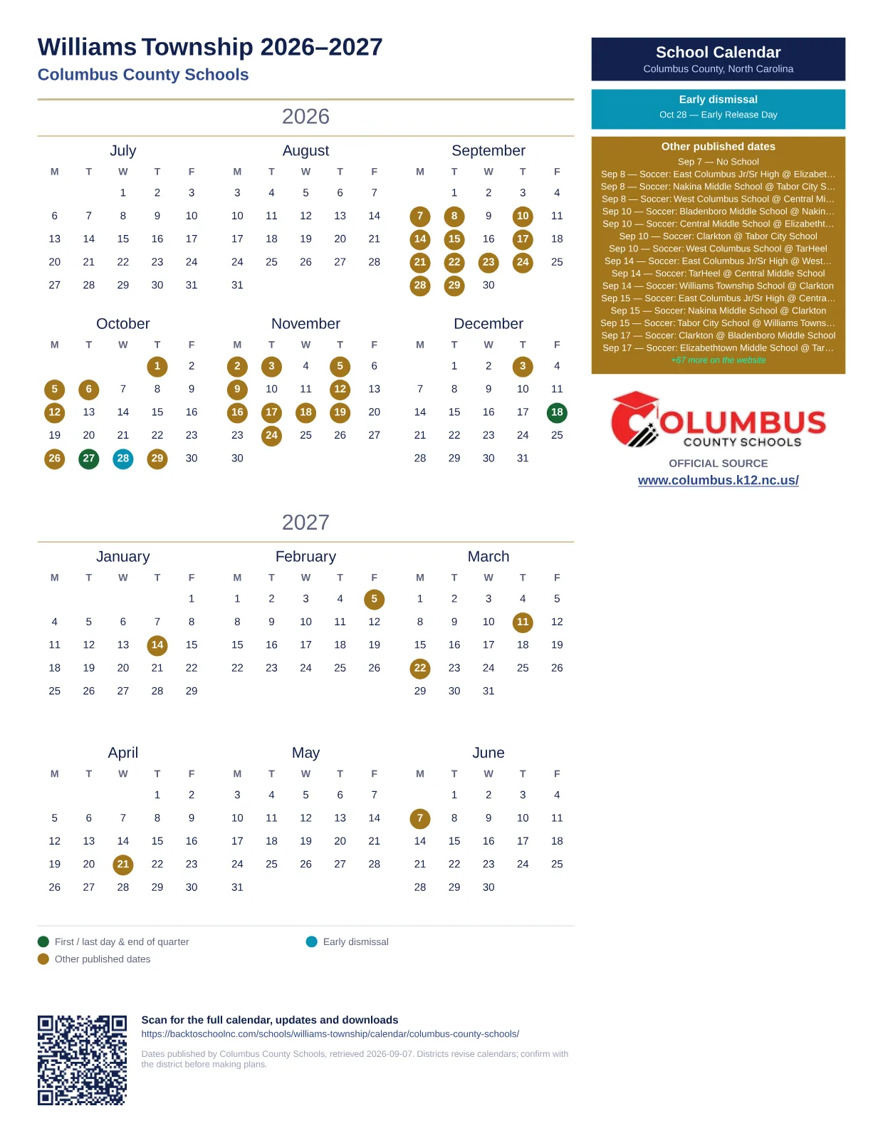 Williams Township  printable calendar