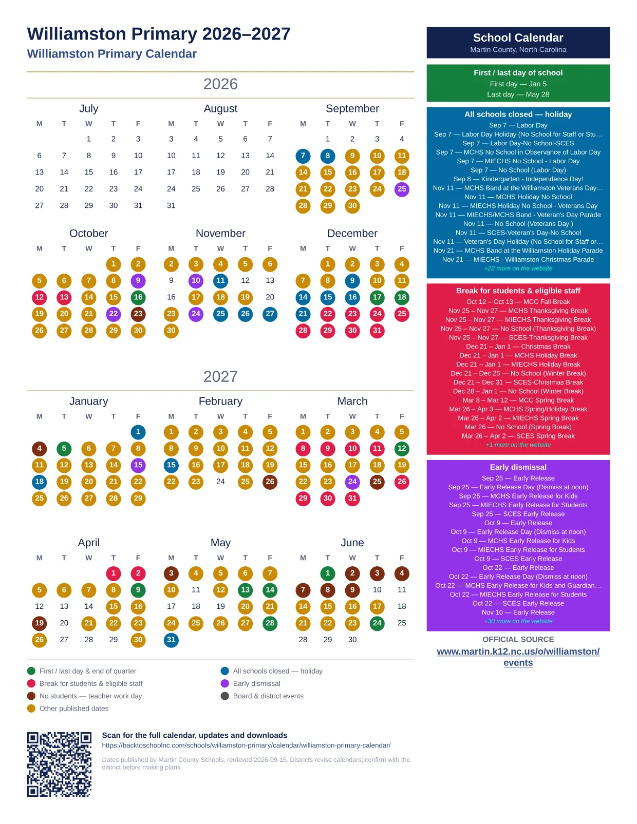Williamston Primary 2027–2028 printable calendar