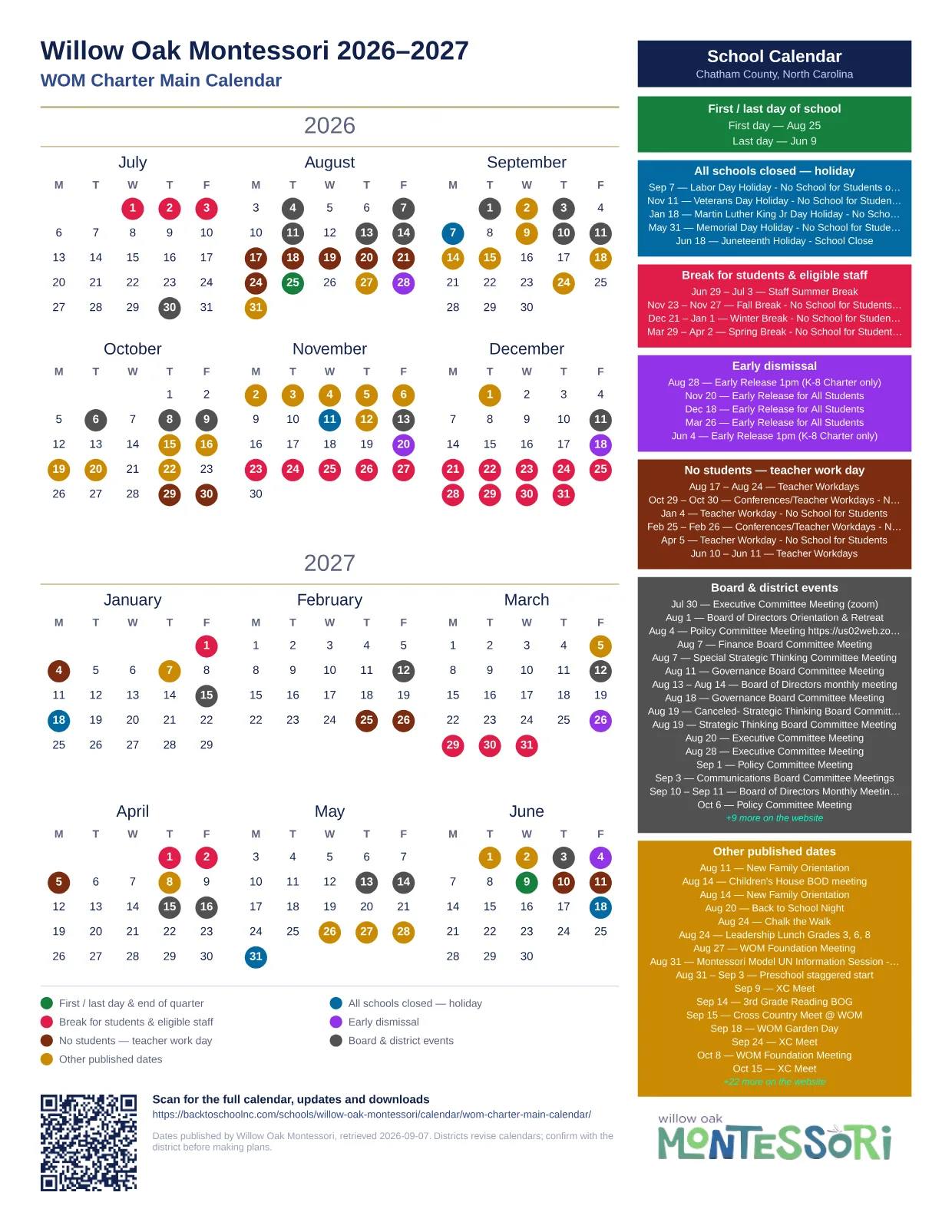Willow Oak Montessori WOM Charter Main Calendar 2026–2027 printable calendar