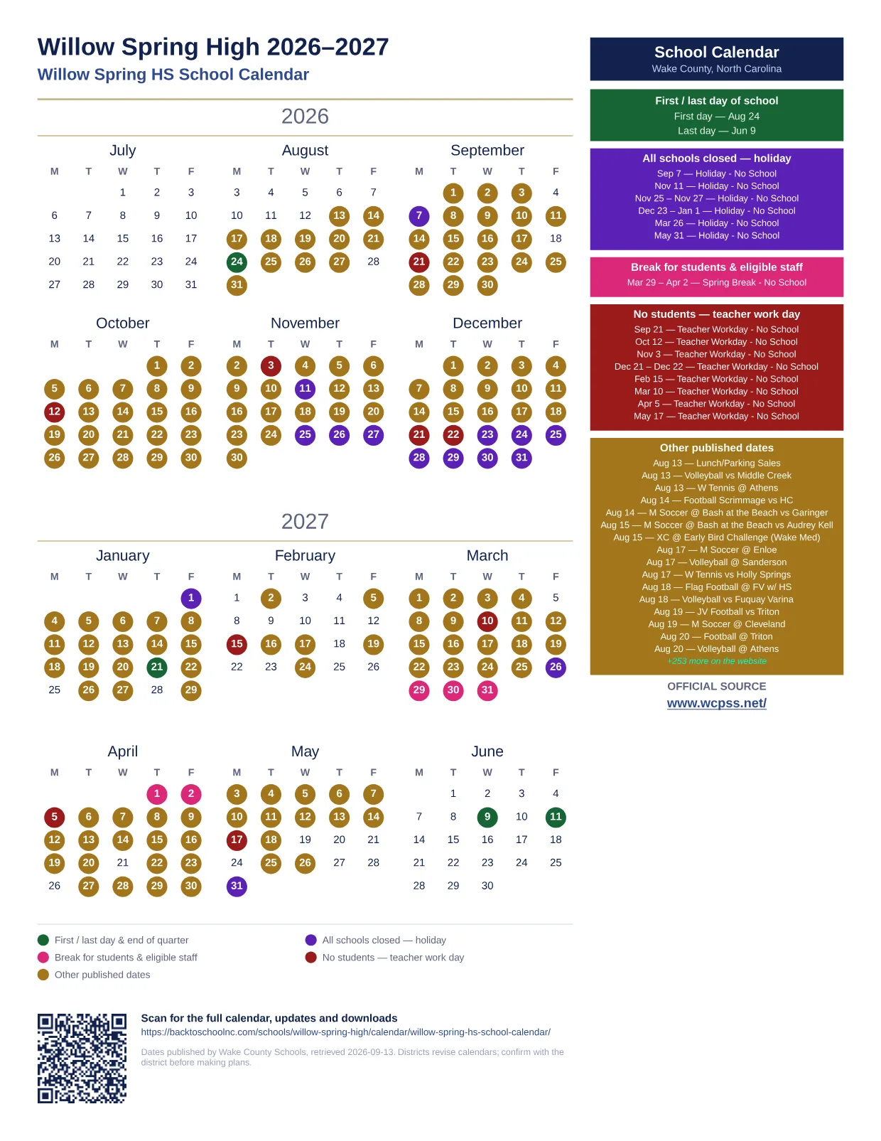 Willow Spring High 2026–2027 printable calendar