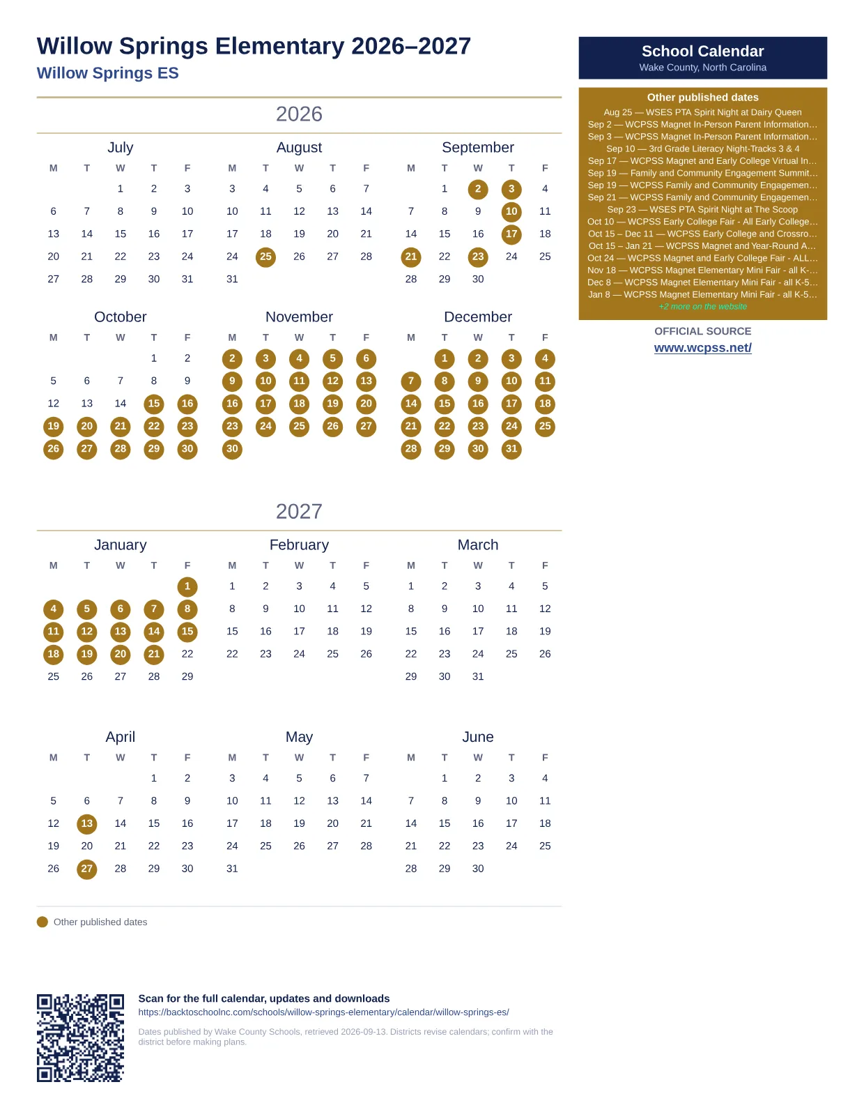 Willow Springs Elementary printable calendar