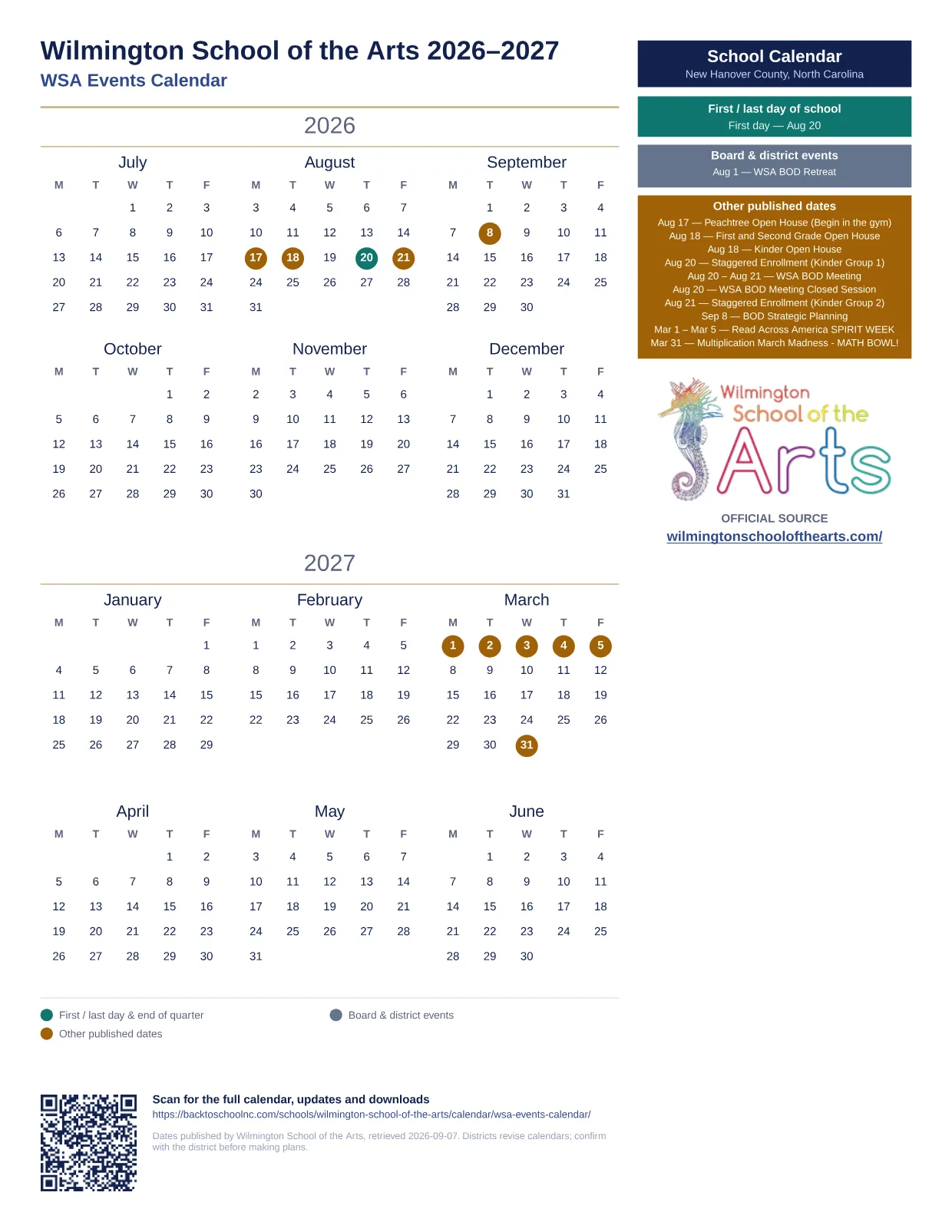 Wilmington School of the Arts WSA Events Calendar 2026–2027 printable calendar