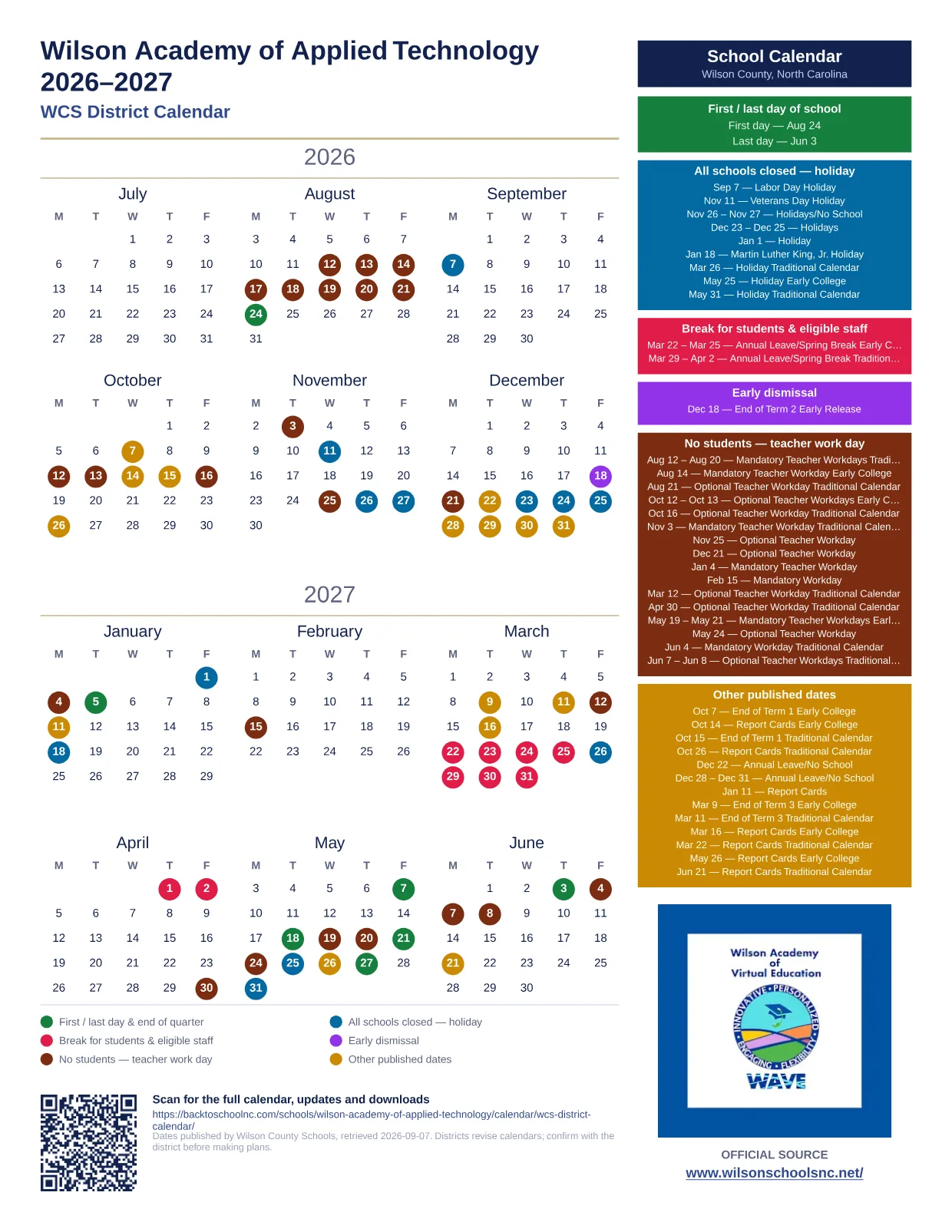 Wilson Academy of Applied Technology 2026–2027 printable calendar