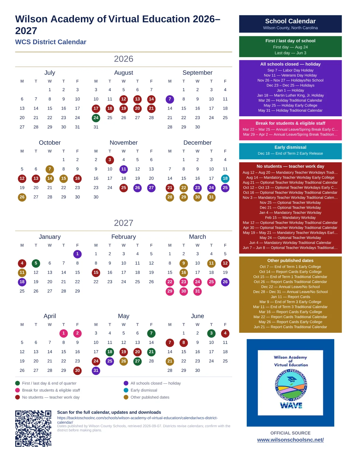 Wilson Academy of Virtual Education 2026–2027 printable calendar