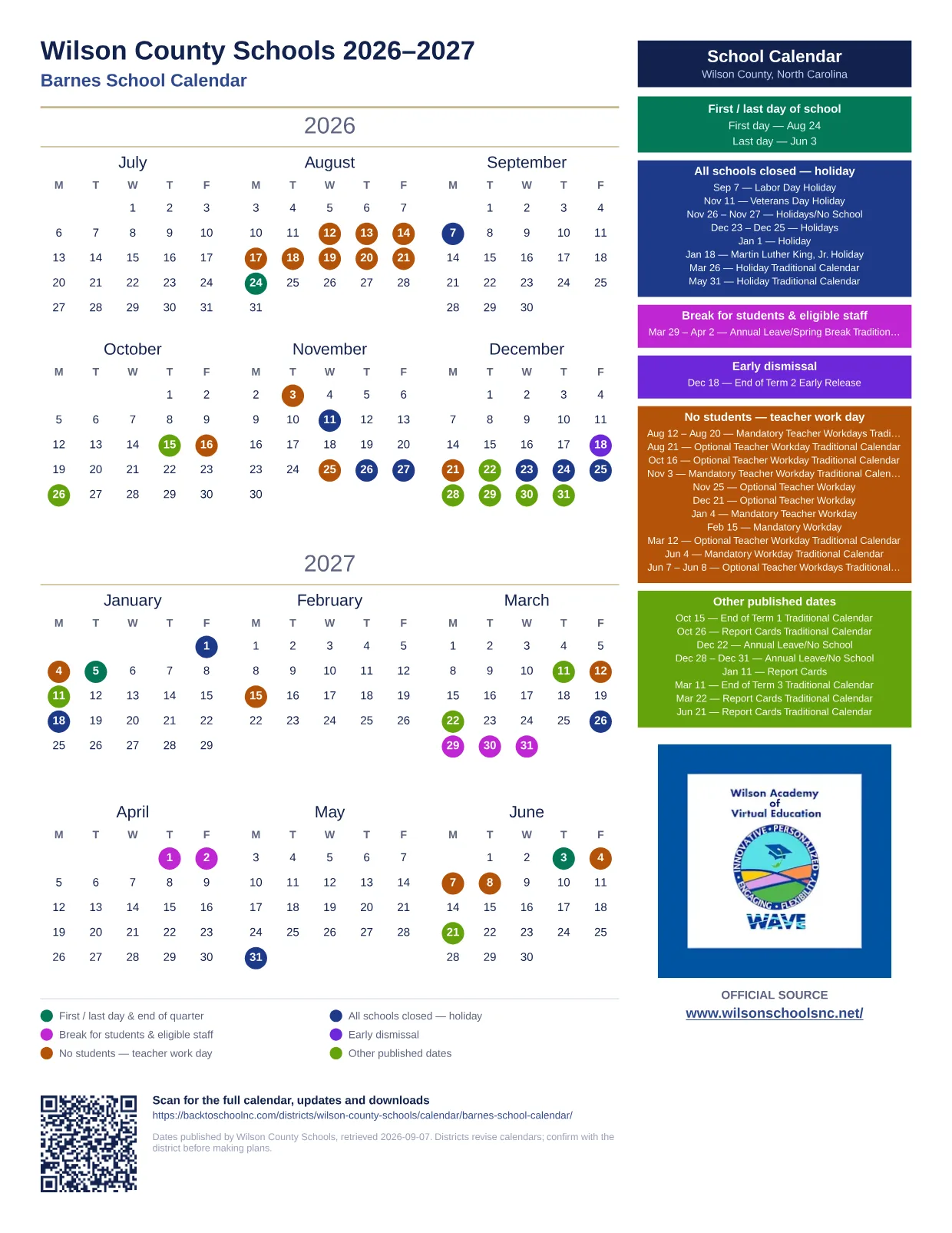 Wilson County Schools Barnes School Calendar 2026–2027 printable calendar