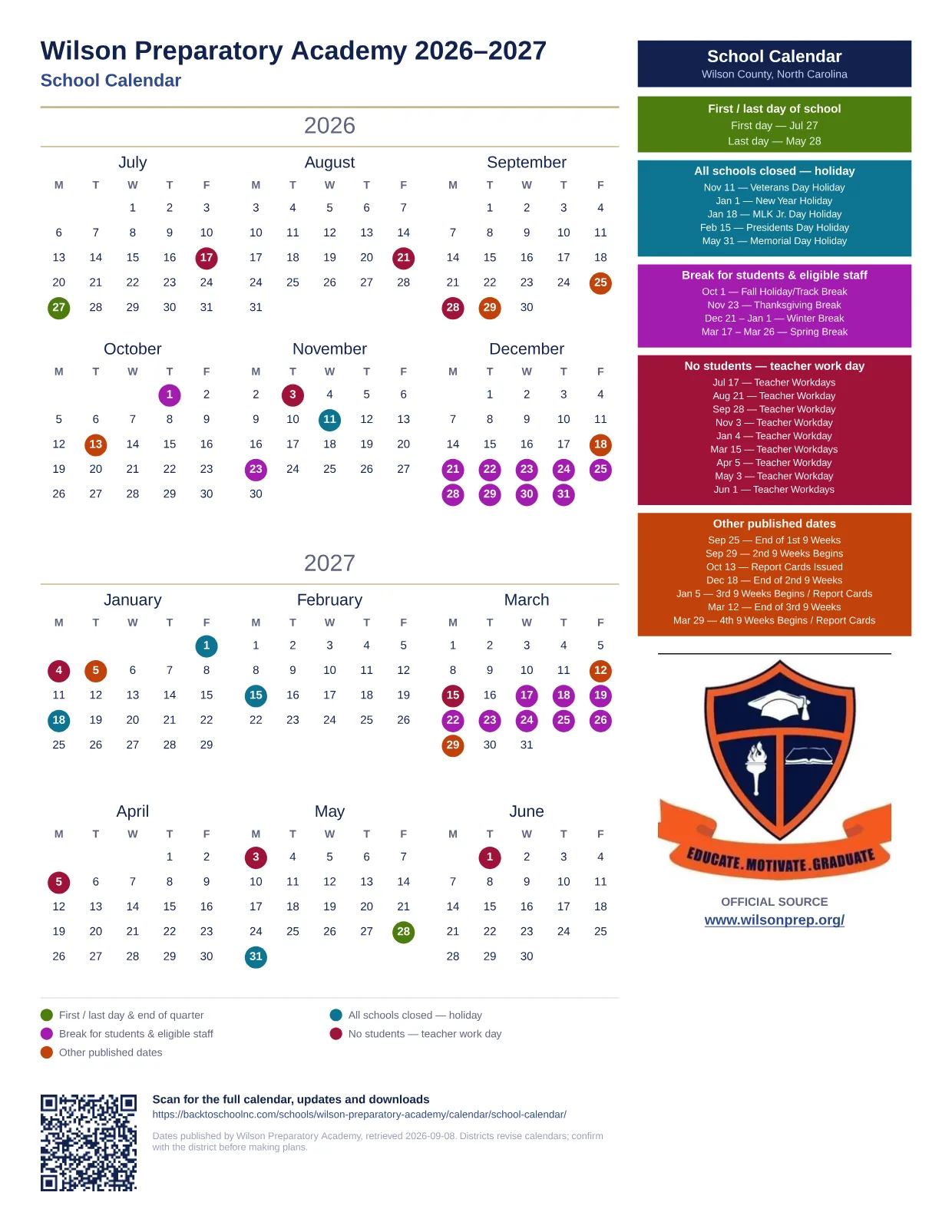 Wilson Preparatory Academy School Calendar 2026–2027 printable calendar