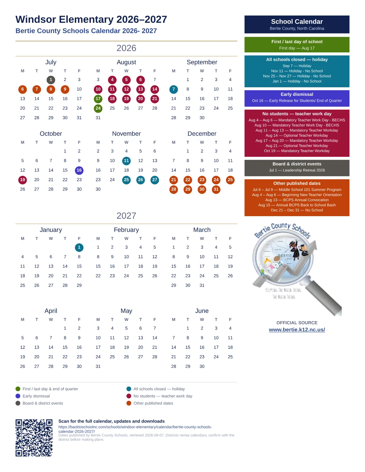 Windsor Elementary 2026–2027 printable calendar