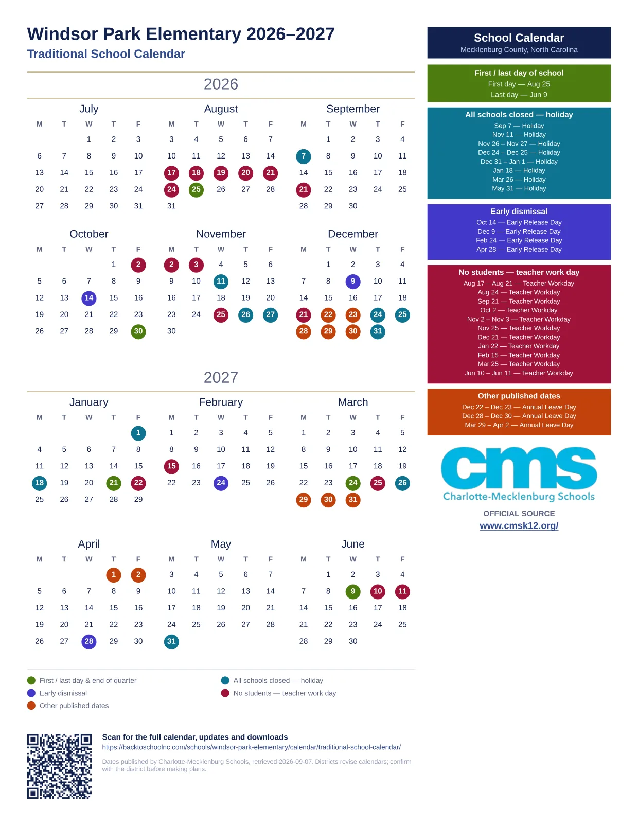 Windsor Park Elementary 2026–2027 printable calendar