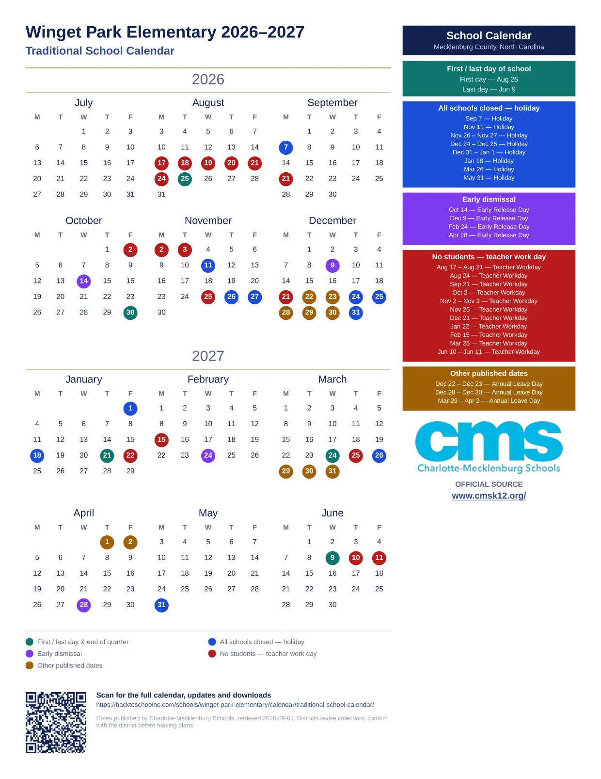 Winget Park Elementary 2026–2027 printable calendar
