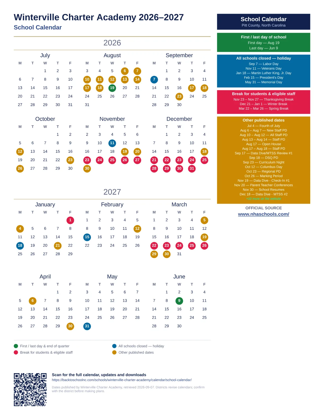 Winterville Charter Academy School Calendar 2026–2027 printable calendar