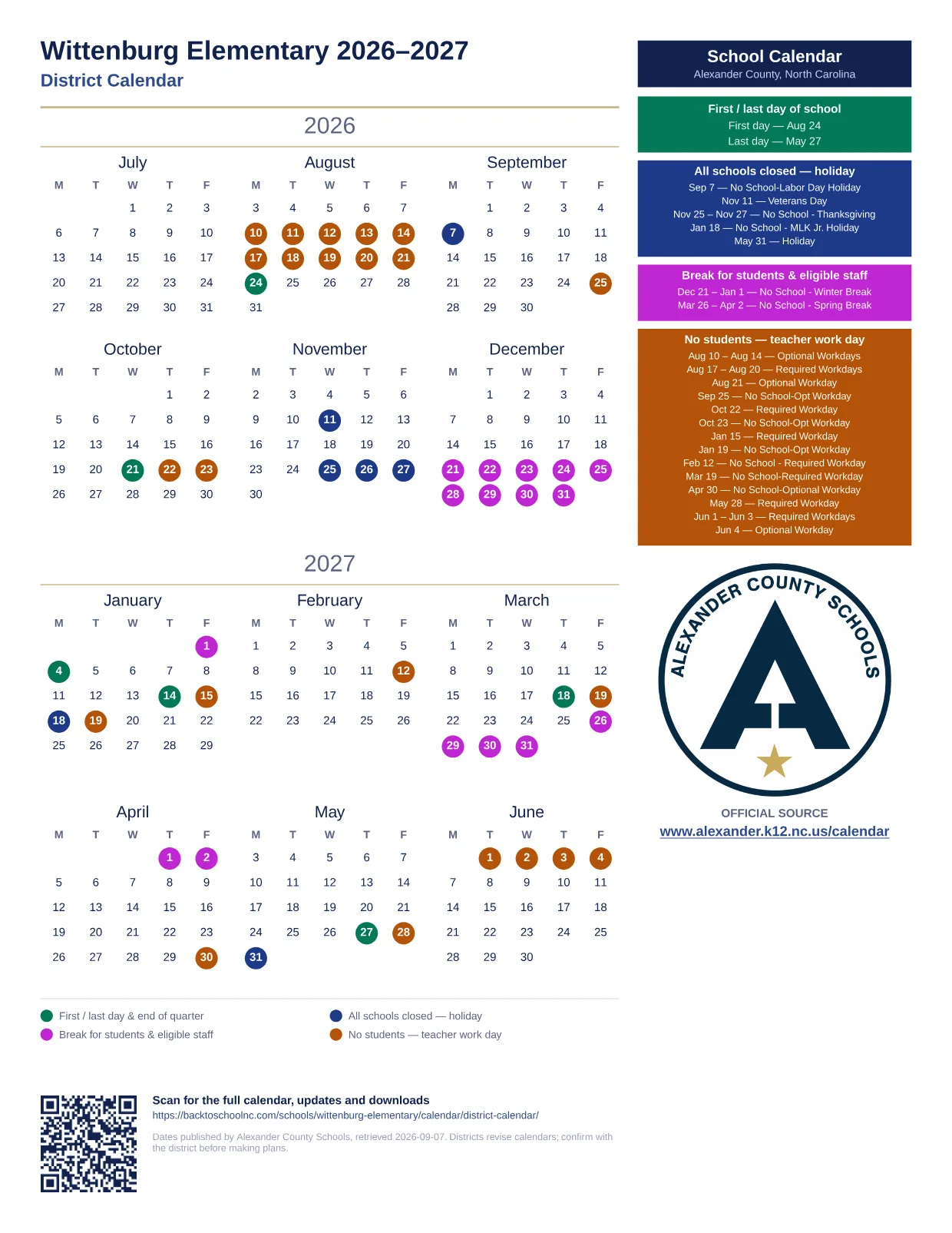 Wittenburg Elementary 2026–2027 printable calendar