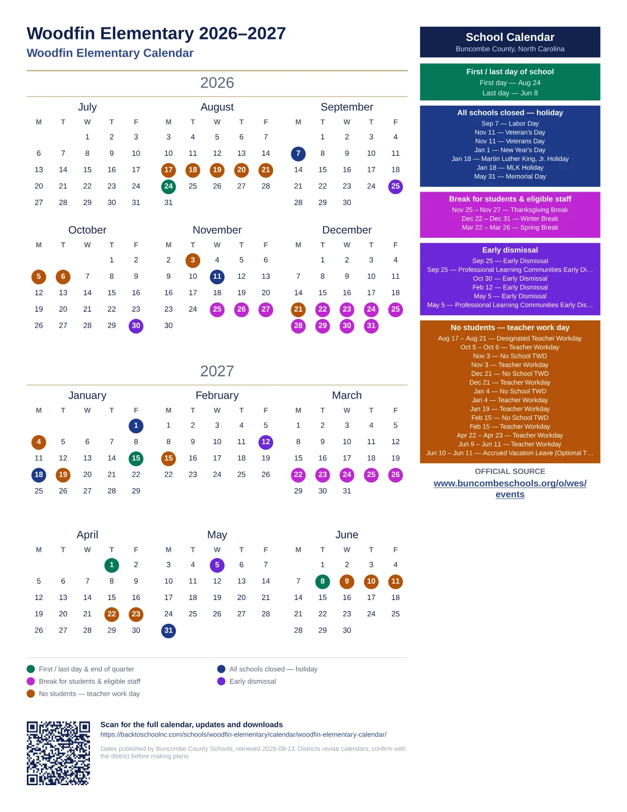 Woodfin Elementary  printable calendar