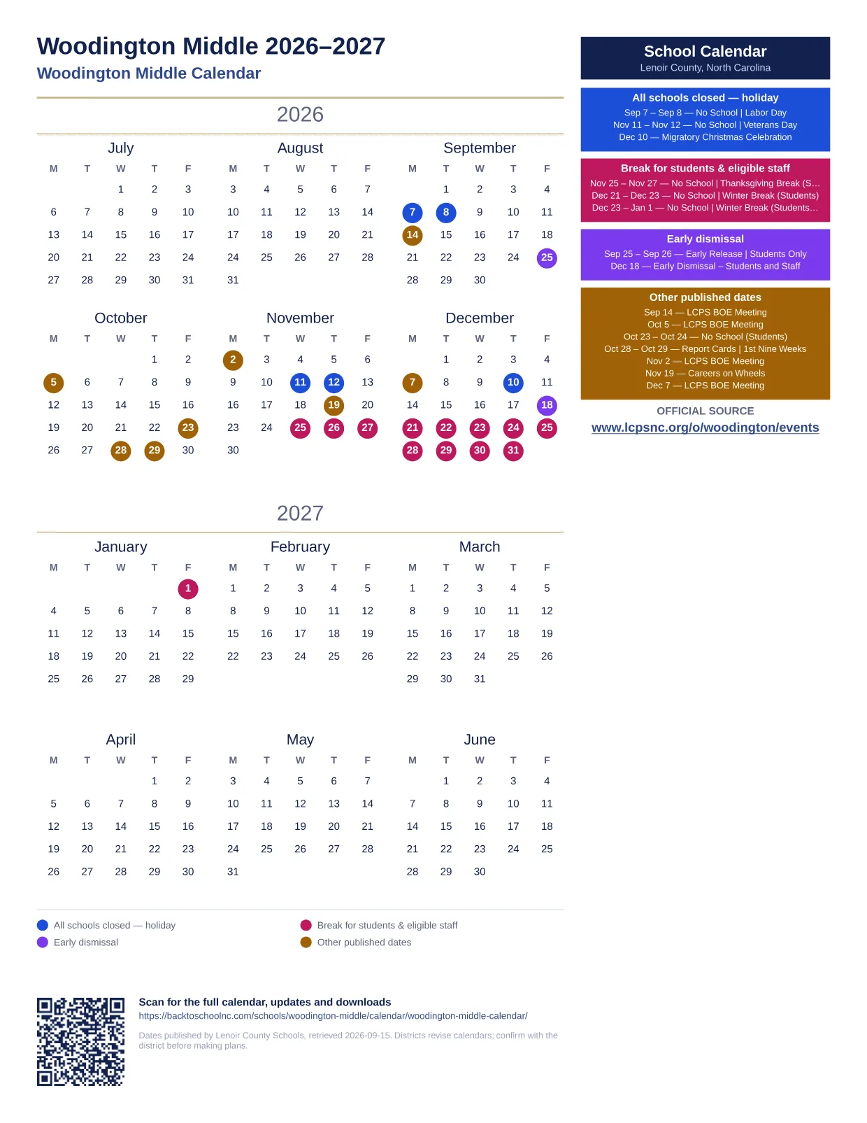 Woodington Middle  printable calendar