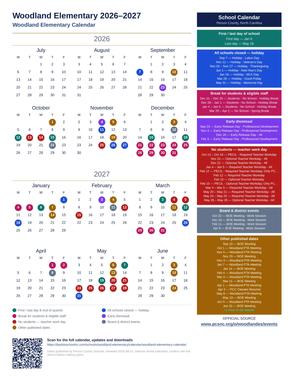 Woodland Elementary 2027–2028 printable calendar