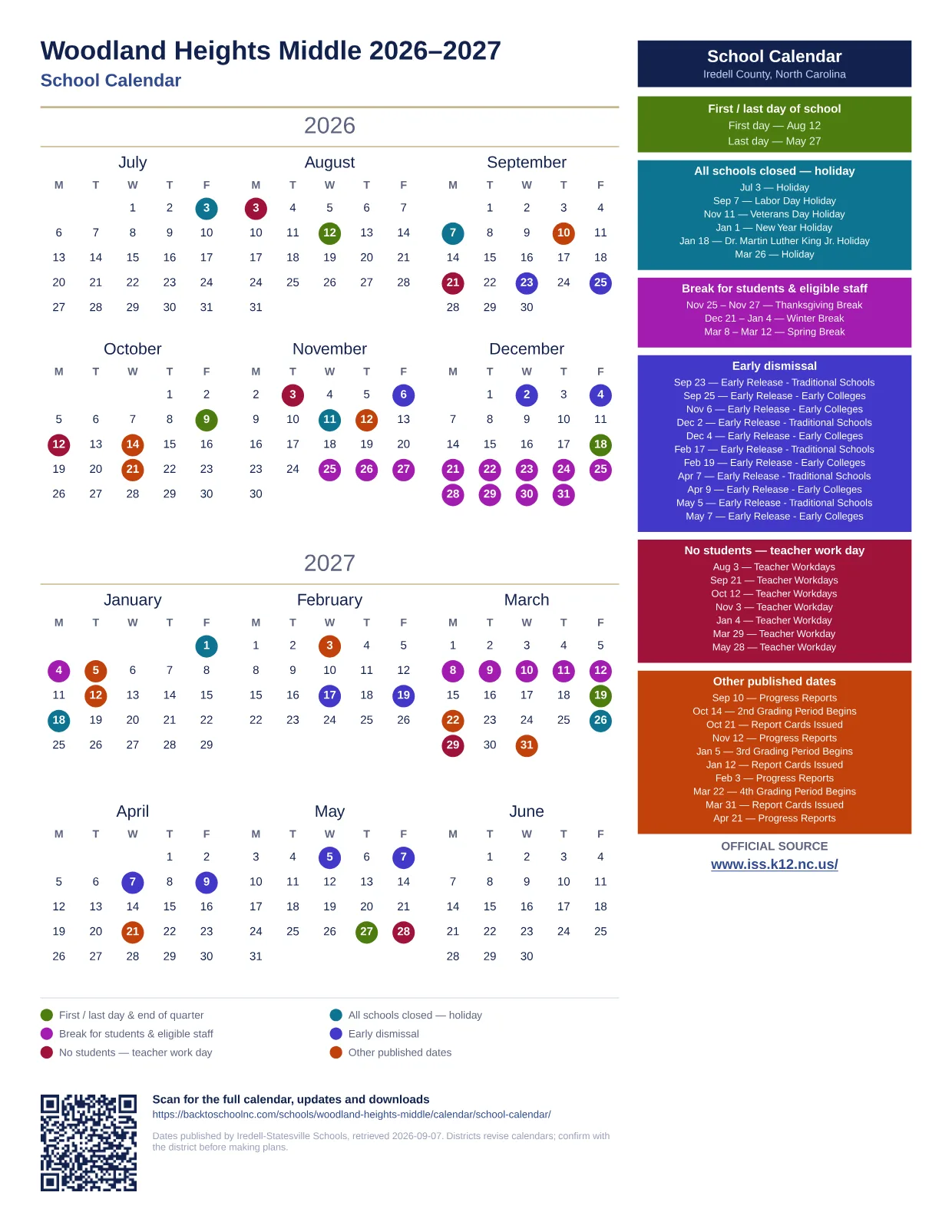 Woodland Heights Middle 2026–2027 printable calendar