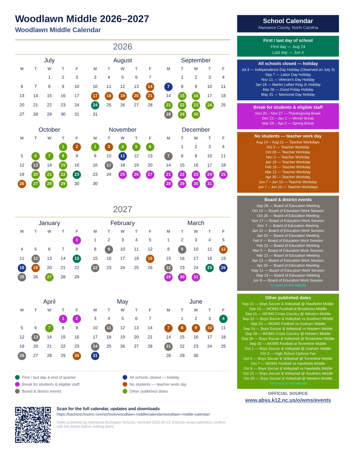 Woodlawn Middle 2026–2027 printable calendar