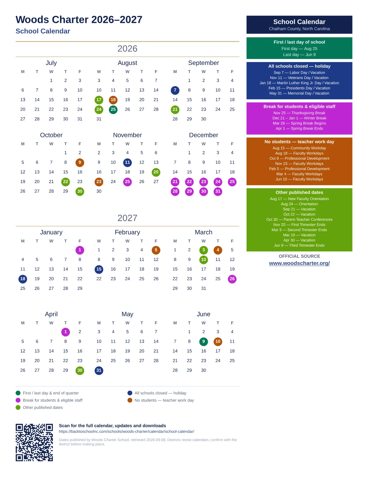 Woods Charter 2026–2027 printable calendar