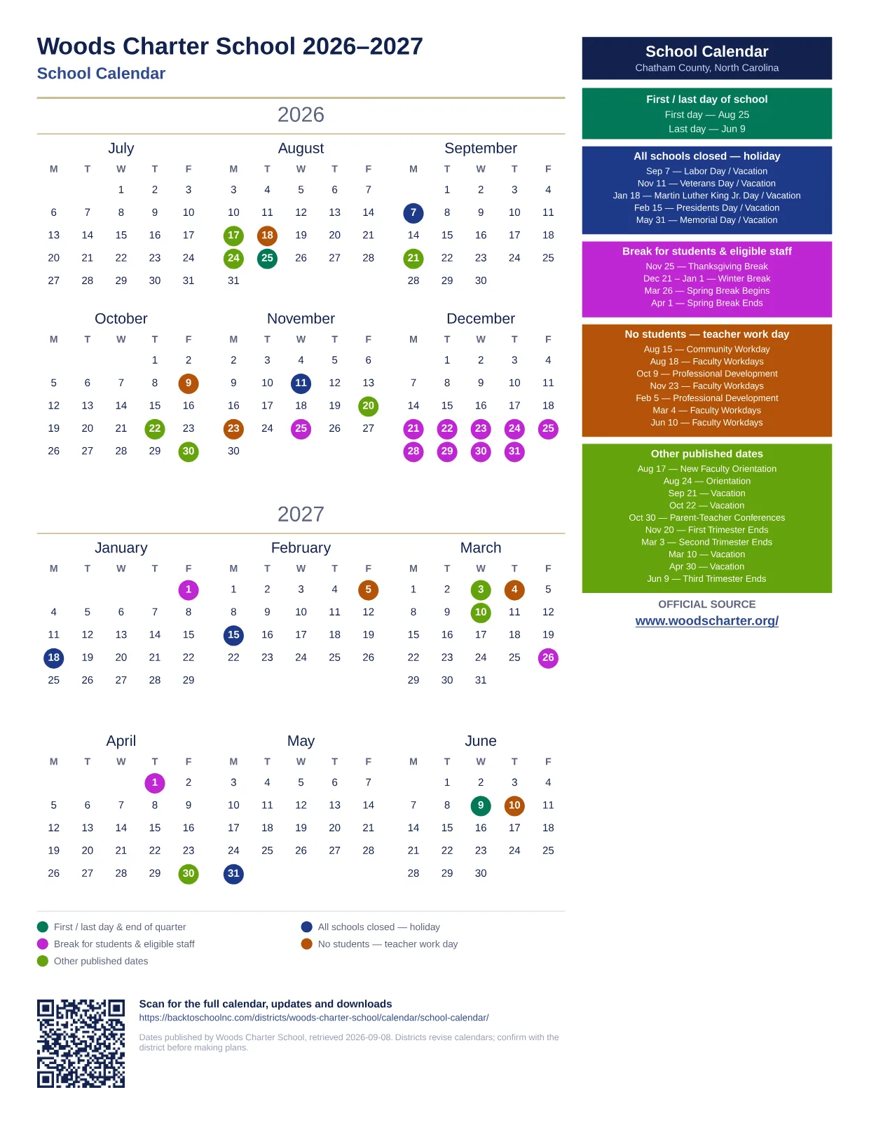 Woods Charter School School Calendar 2026–2027 printable calendar