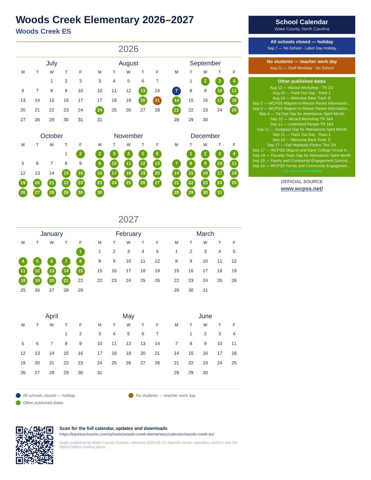 Woods Creek Elementary  printable calendar