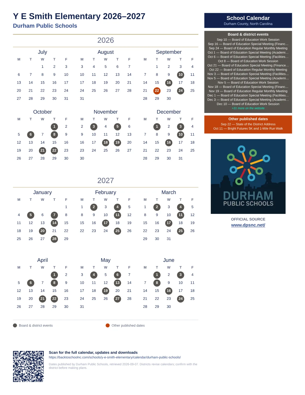 Y E Smith Elementary  printable calendar