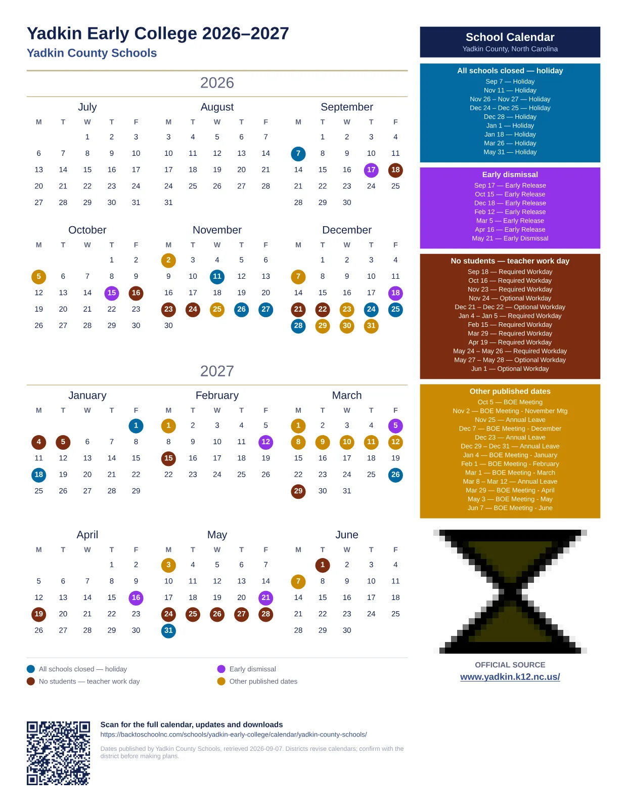 Yadkin Early College printable calendar