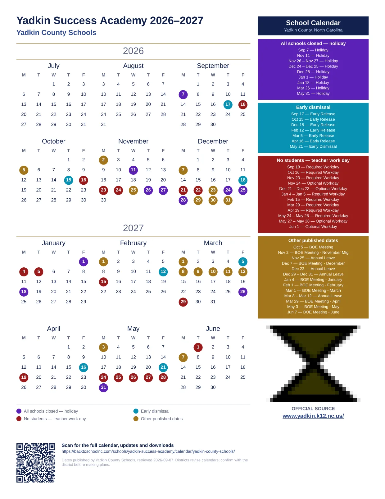 Yadkin Success Academy  printable calendar