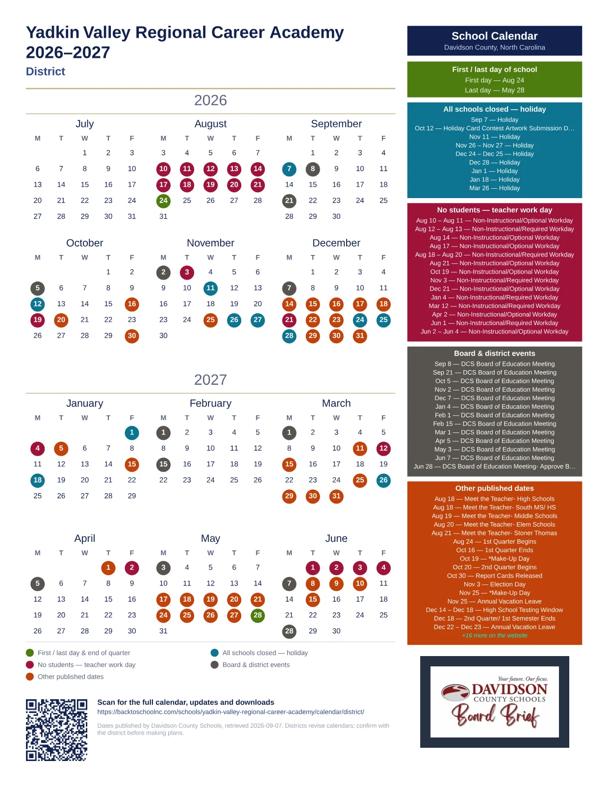 Yadkin Valley Regional Career Academy 2026–2027 printable calendar