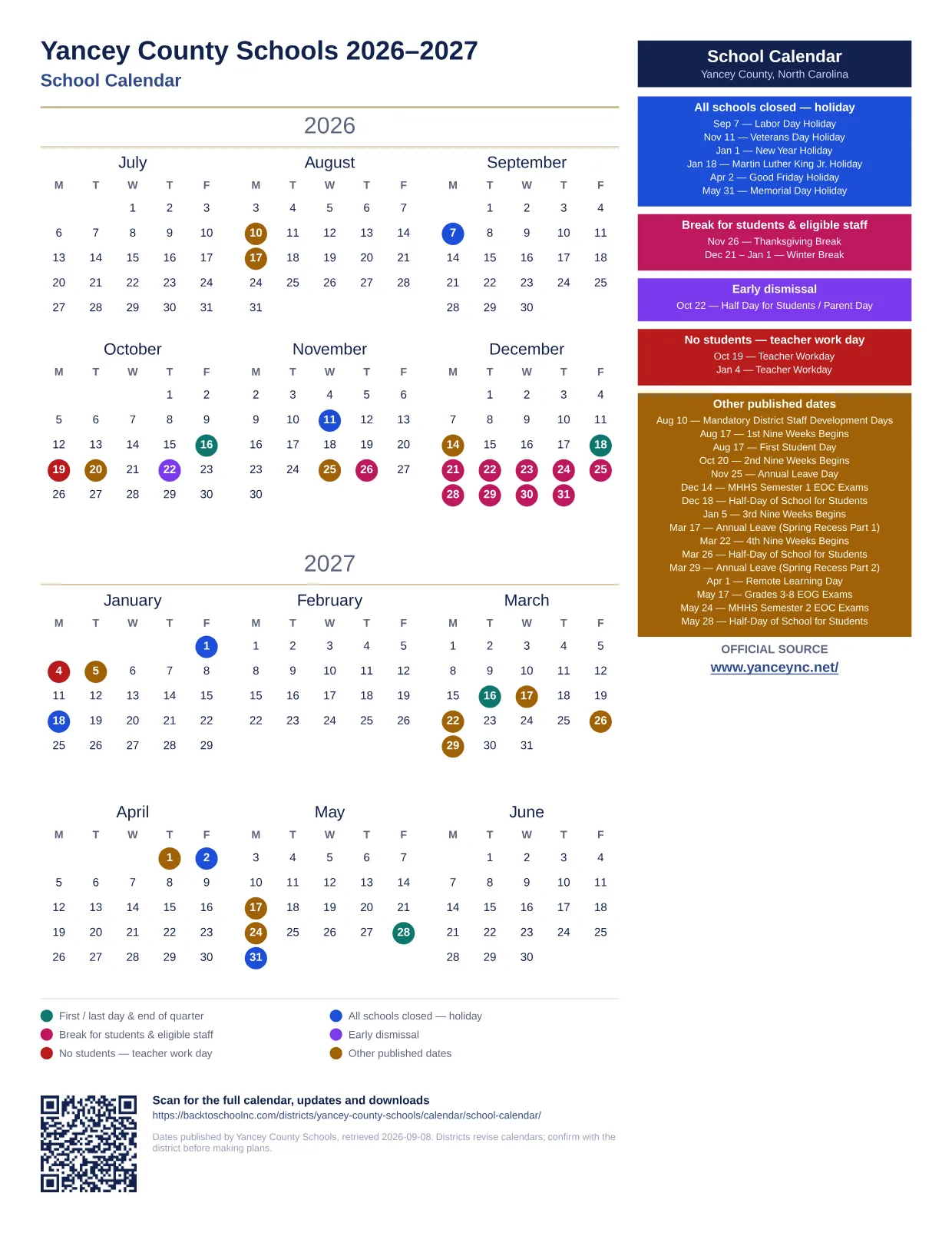 Yancey County Schools School Calendar  printable calendar