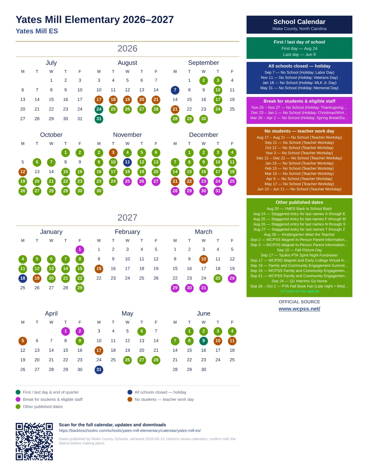 Yates Mill Elementary 2026–2027 printable calendar
