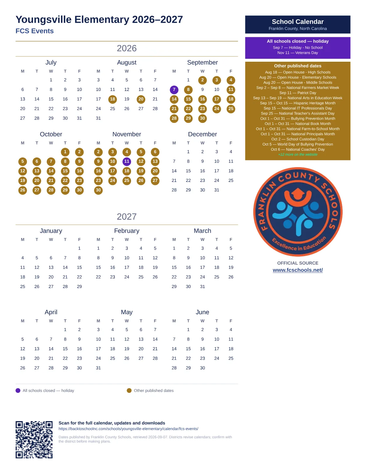 Youngsville Elementary printable calendar