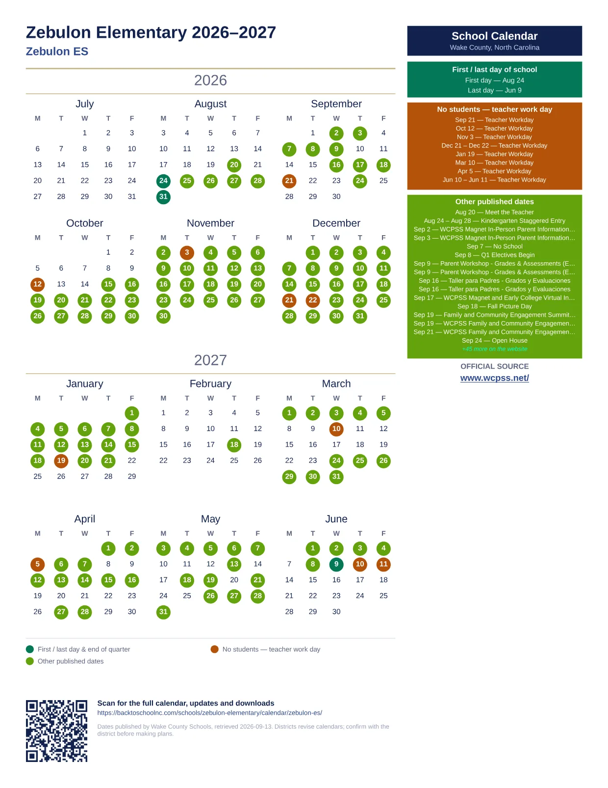 Zebulon Elementary 2026–2027 printable calendar