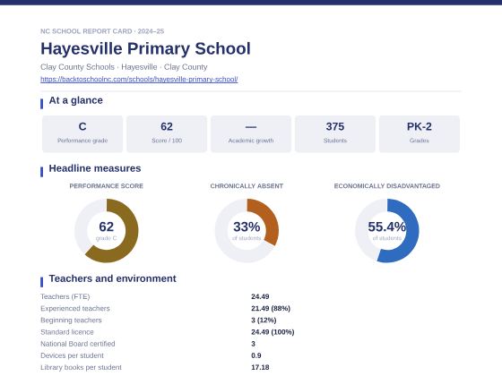 First page of the Hayesville Primary School report card PDF
