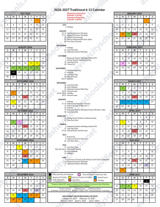 2026-2027 Secondary Calendar preview