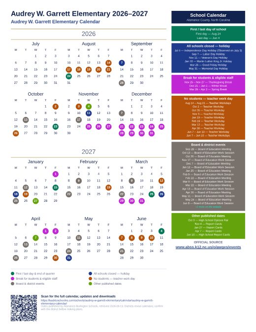 Audrey W. Garrett Elementary Calendar preview