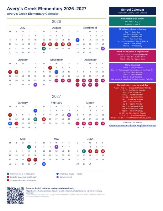 Avery's Creek Elementary Calendar preview